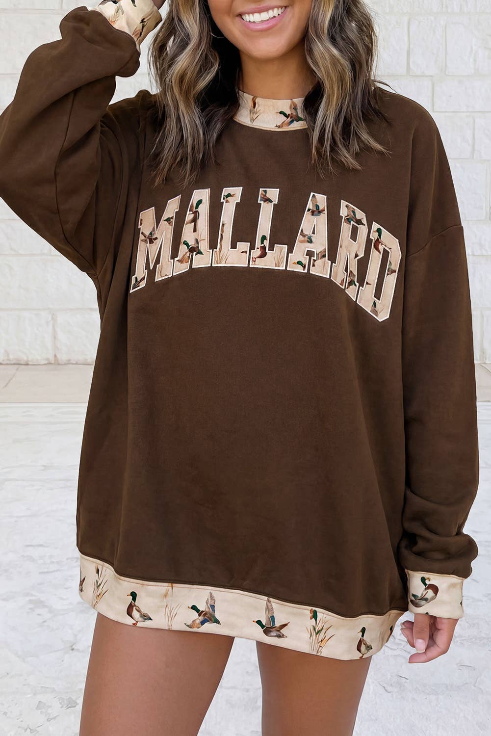 Mallard Letter Print Mock Neck Sweatshirt S-4X: Coffee / M