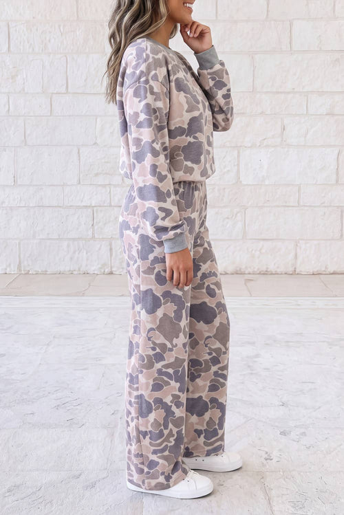 Casual Muted Camouflage Print Two-Piece Loungewear S-4X: Multicolour / S