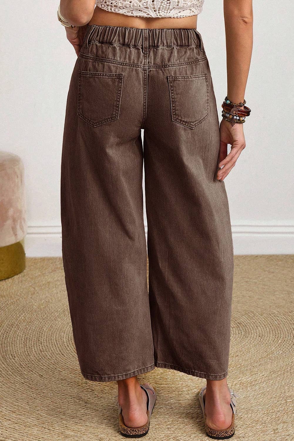 Solid Color Square Patch Pocket Ankle-length Barrel Jeans: Coffee / 4