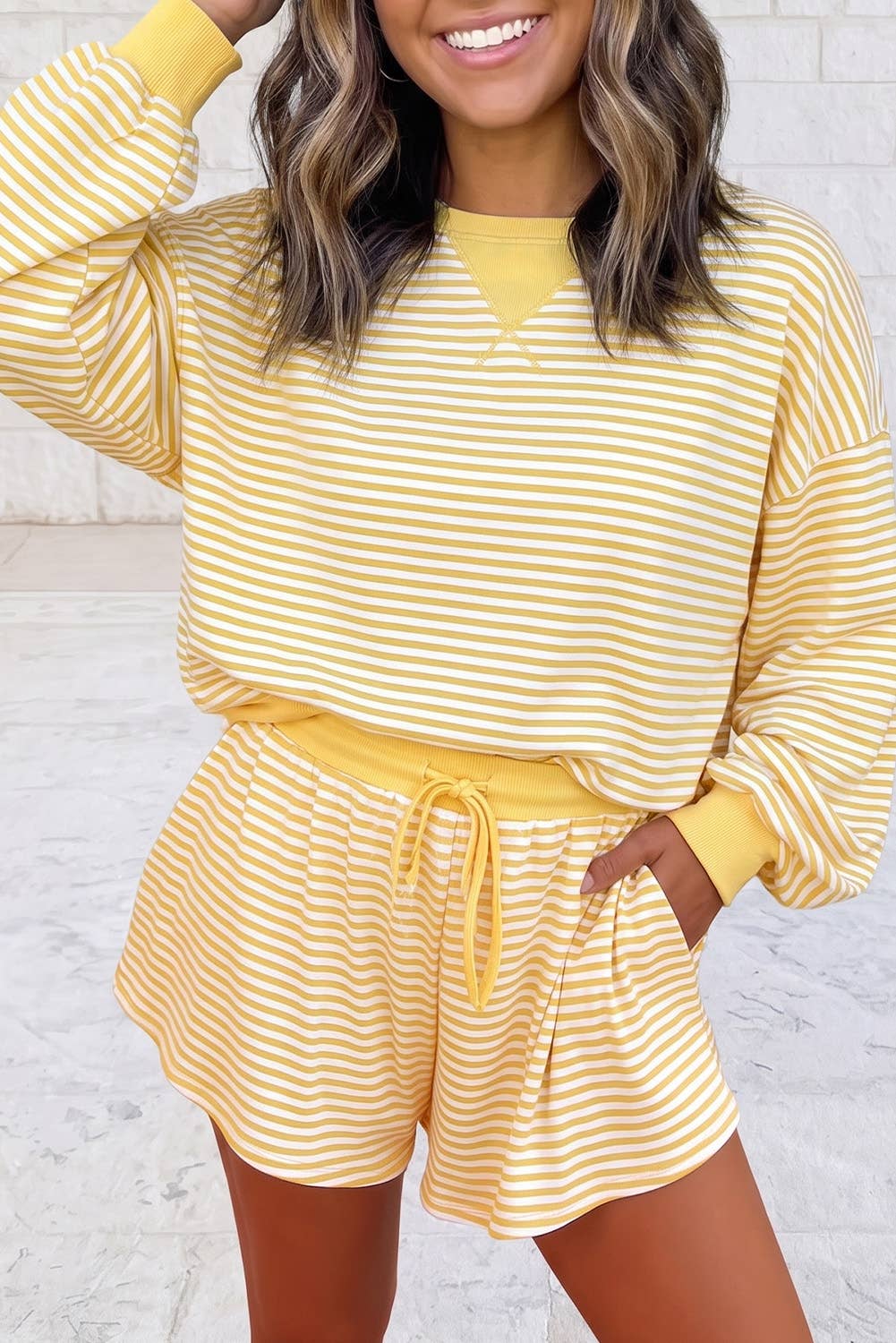 Striped Long Sleeve and Shorts Two Piece Set S–4X: Yellow / S