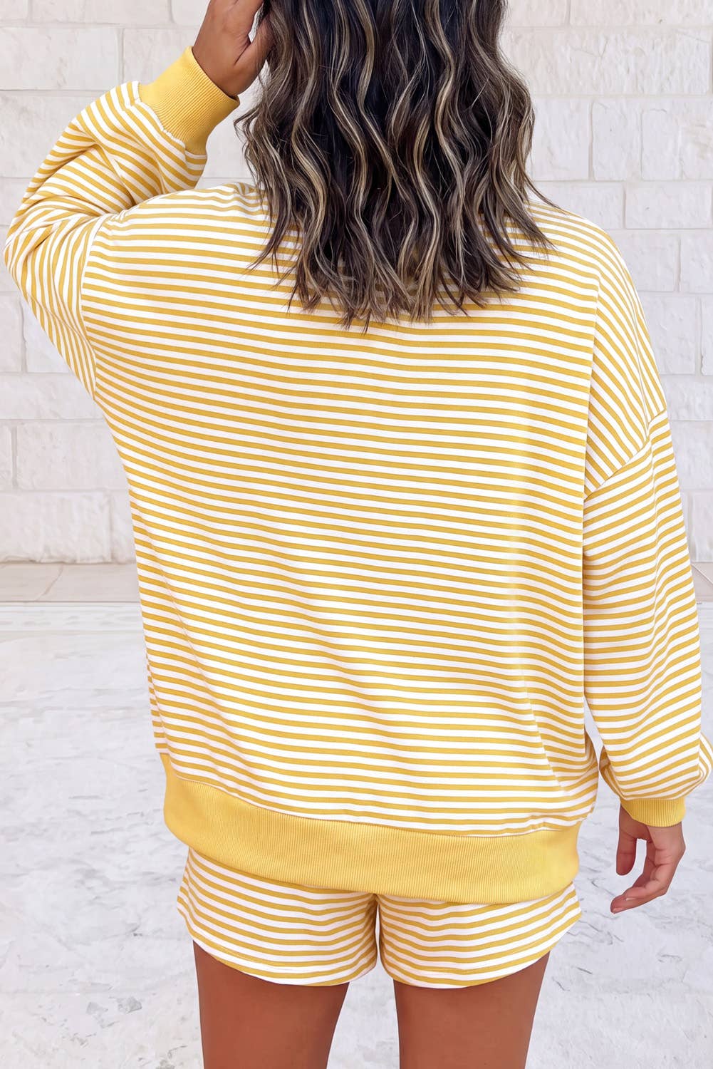 Striped Long Sleeve and Shorts Two Piece Set S–4X: Yellow / S