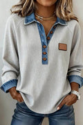 Denim Contrast Collar Waffle Knit Sweatshirt S–4X: Light Grey / S