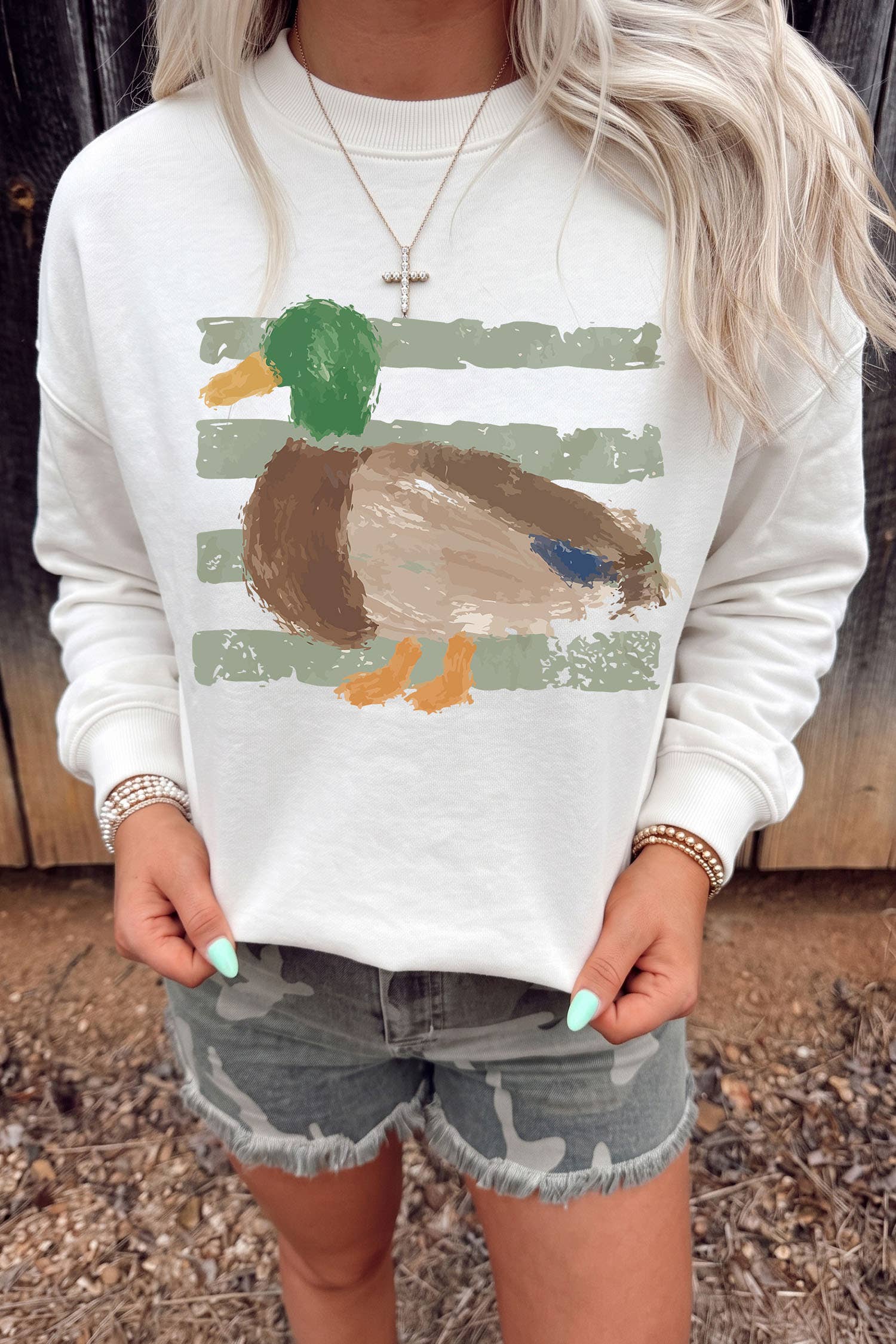 Western Duck Graphic Casual Pullover Sweatshirt: White / M
