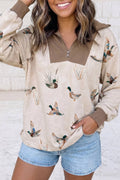 Mallard Duck Print Patchwork Half Zip Hoodie: Beige / S