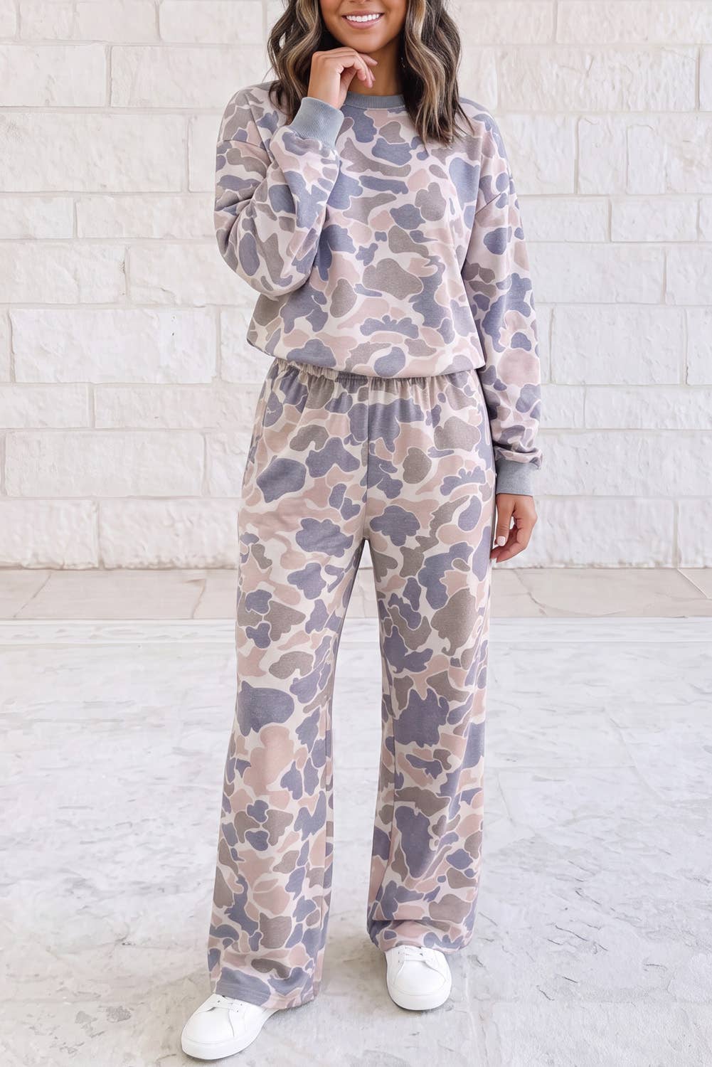Casual Muted Camouflage Print Two-Piece Loungewear S-4X: Multicolour / S